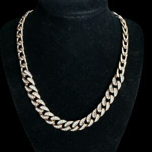Gold Tone Cuban Link Necklace Rhinestone Accent Statement Chain Chunky